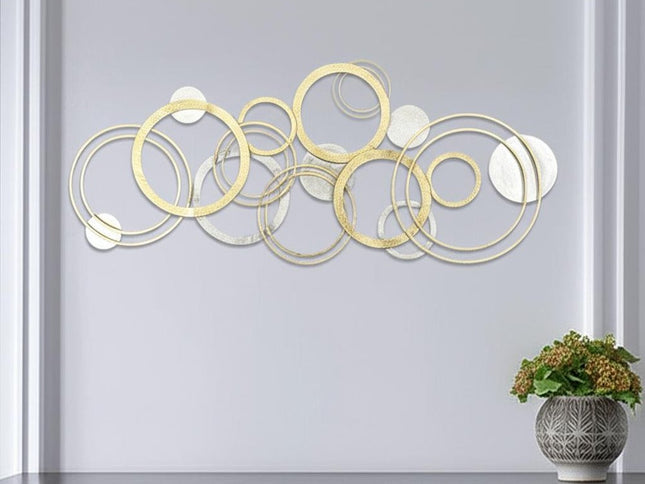 18" X 44" Gold And Silver Geometric Metal Round Discs Hanging Dimensional Sculpture