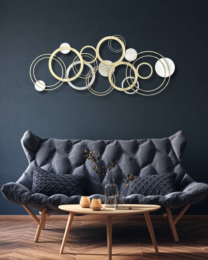 18" X 44" Gold And Silver Geometric Metal Round Discs Hanging Dimensional Sculpture