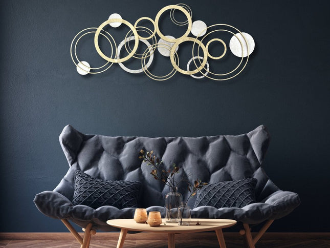 18" X 44" Gold And Silver Geometric Metal Round Discs Hanging Dimensional Sculpture