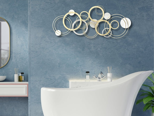 18" X 44" Gold And Silver Geometric Metal Round Discs Hanging Dimensional Sculpture