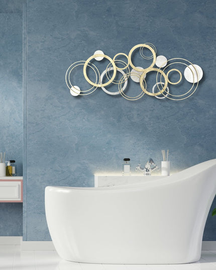 18" X 44" Gold And Silver Geometric Metal Round Discs Hanging Dimensional Sculpture