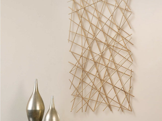 25" X 49" Gold Abstract Lines Metal Hanging Dimensional Sculpture