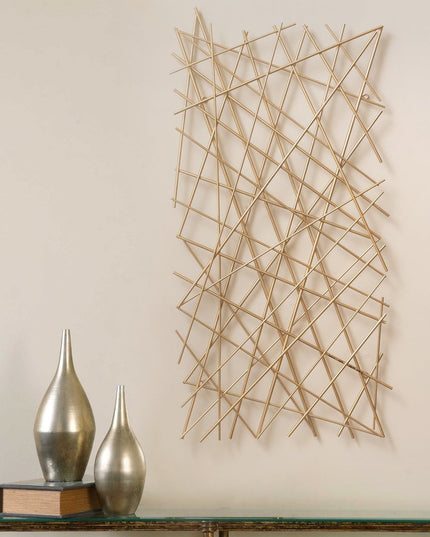 25" X 49" Gold Abstract Lines Metal Hanging Dimensional Sculpture