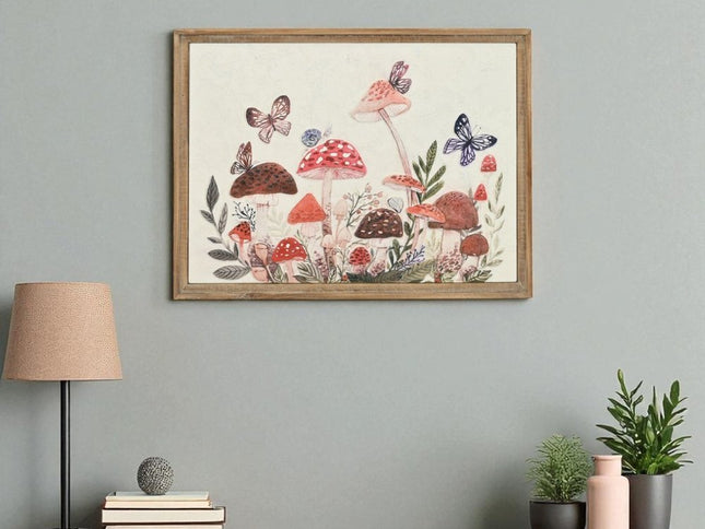 20" X 26" Natural And White Butterflies and Mushrooms Metal Framed Art