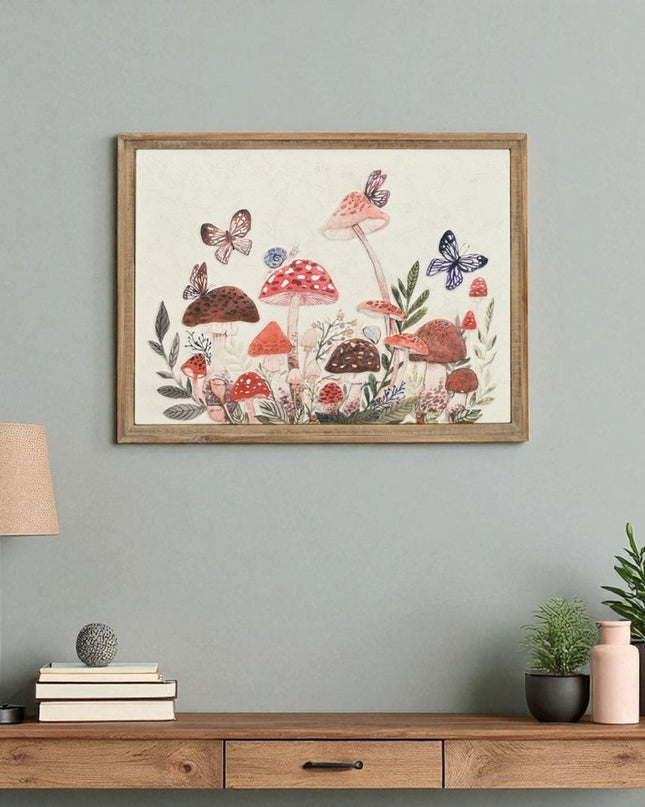 20" X 26" Natural And White Butterflies and Mushrooms Metal Framed Art