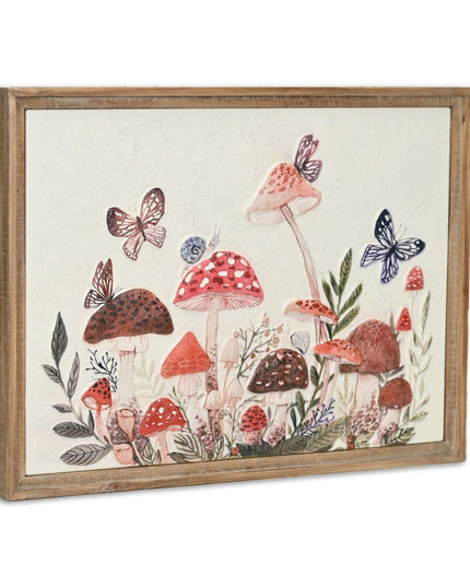 20" X 26" Natural And White Butterflies and Mushrooms Metal Framed Art