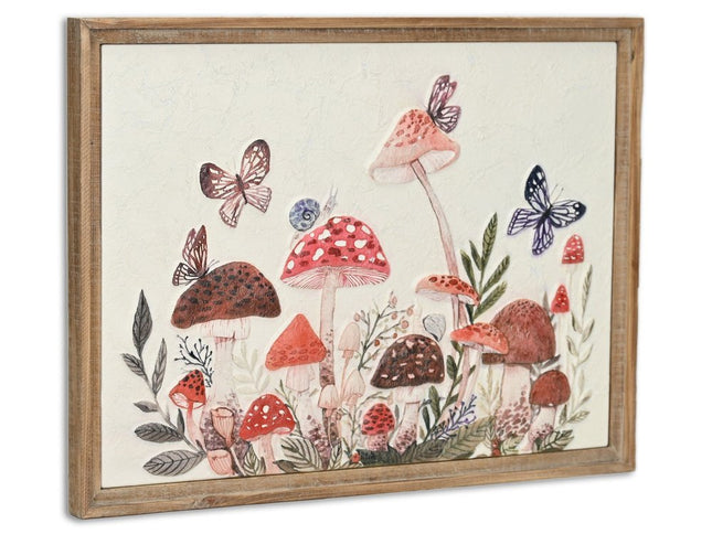 20" X 26" Natural And White Butterflies and Mushrooms Metal Framed Art