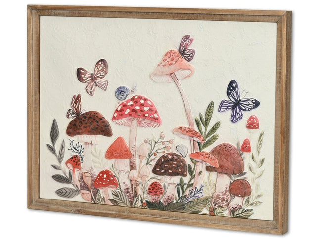 20" X 26" Natural And White Butterflies and Mushrooms Metal Framed Art