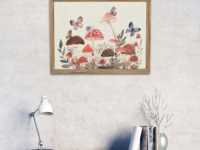 20" X 26" Natural And White Butterflies and Mushrooms Metal Framed Art