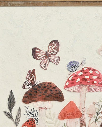 20" X 26" Natural And White Butterflies and Mushrooms Metal Framed Art