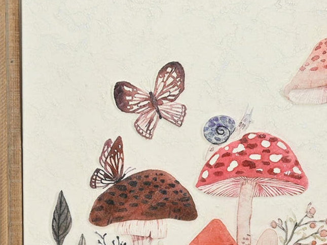 20" X 26" Natural And White Butterflies and Mushrooms Metal Framed Art