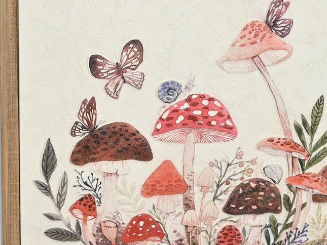 20" X 26" Natural And White Butterflies and Mushrooms Metal Framed Art