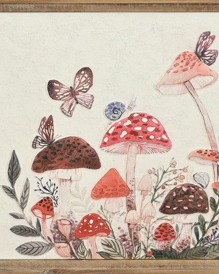 20" X 26" Natural And White Butterflies and Mushrooms Metal Framed Art