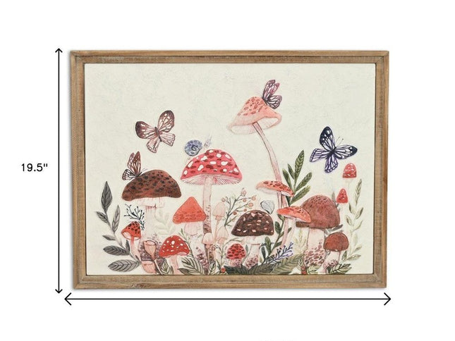 20" X 26" Natural And White Butterflies and Mushrooms Metal Framed Art