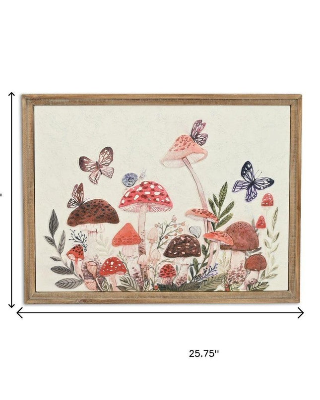 20" X 26" Natural And White Butterflies and Mushrooms Metal Framed Art