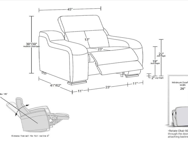 41" White Italian Leather Wall Hugger Recliner With USB