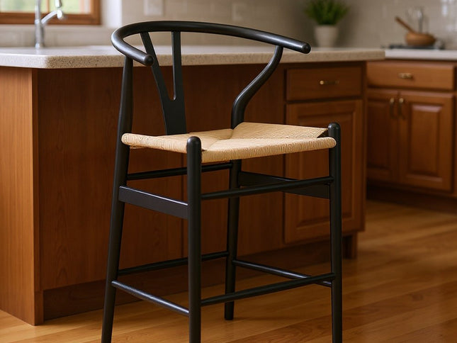 27" Beige and Black Solid Wood Counter Height Bar Chair