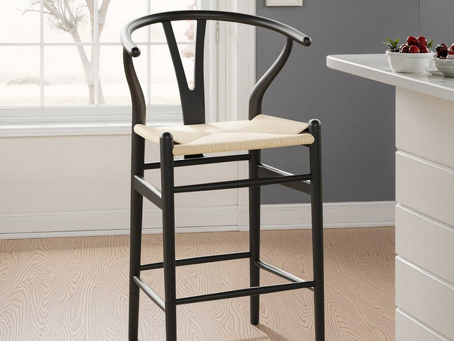 27" Beige and Black Solid Wood Counter Height Bar Chair