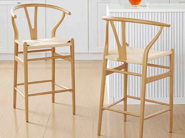 27" Beige and Natural Solid Wood Counter Height Bar Chair