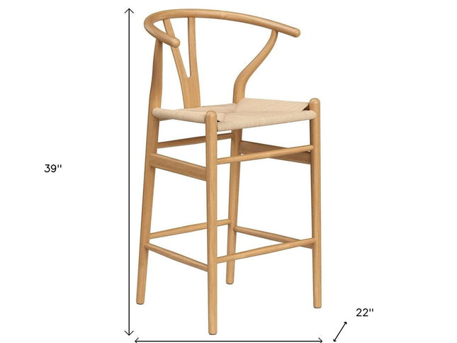 27" Beige and Natural Solid Wood Counter Height Bar Chair