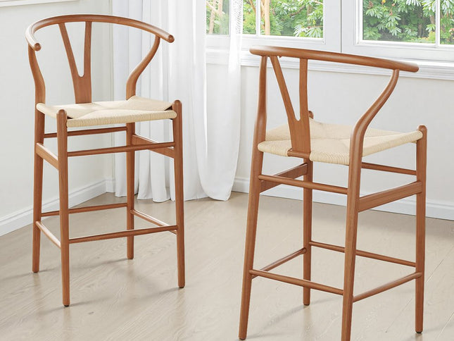 27" Beige and Walnut Solid Wood Counter Height Bar Chair