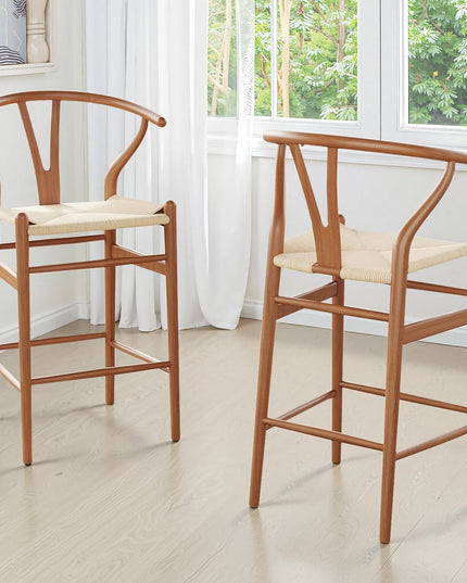 27" Beige and Walnut Solid Wood Counter Height Bar Chair