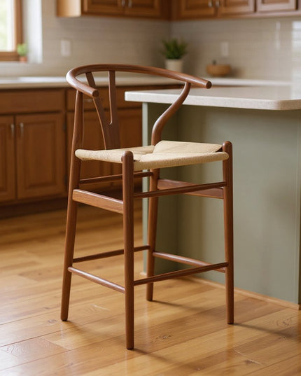 27" Beige and Walnut Solid Wood Counter Height Bar Chair