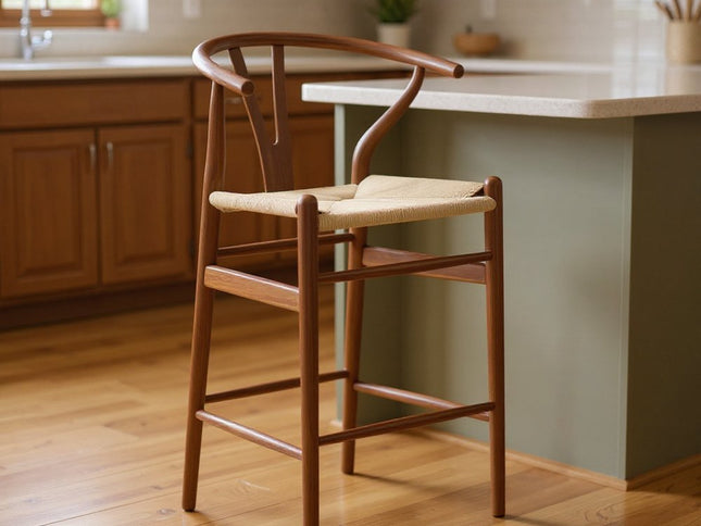 27" Beige and Walnut Solid Wood Counter Height Bar Chair