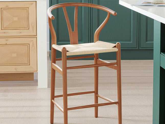 27" Beige and Walnut Solid Wood Counter Height Bar Chair