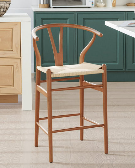 27" Beige and Walnut Solid Wood Counter Height Bar Chair