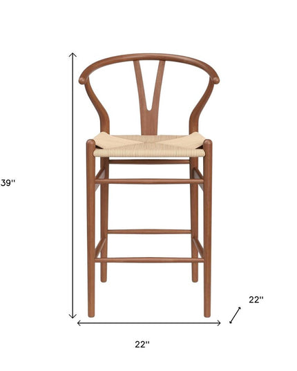 27" Beige and Walnut Solid Wood Counter Height Bar Chair