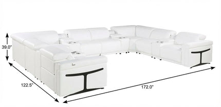 White Italian Leather Power Reclining U Shaped Twelve Piece Sectional With Console