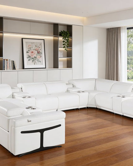 White Italian Leather Power Reclining U Shaped Twelve Piece Sectional With Console