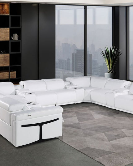White Italian Leather Power Reclining U Shaped Twelve Piece Sectional With Console