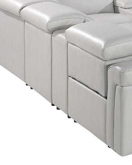 Light Gray Italian Leather Power Reclining U Shaped Twelve Piece Sectional With Console