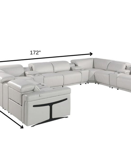 Light Gray Italian Leather Power Reclining U Shaped Twelve Piece Sectional With Console