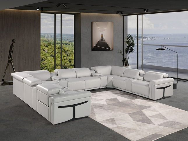Light Gray Italian Leather Power Reclining U Shaped Twelve Piece Sectional With Console
