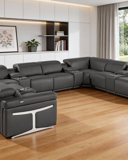Dark Gray Italian Leather Power Reclining U Shaped Twelve Piece Sectional With Console