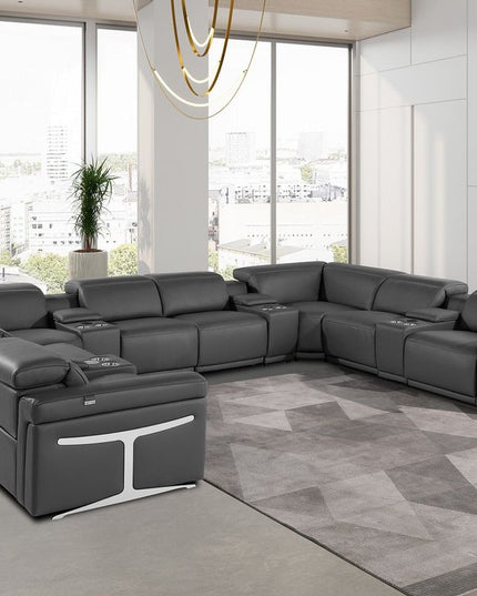 Dark Gray Italian Leather Power Reclining U Shaped Twelve Piece Sectional With Console