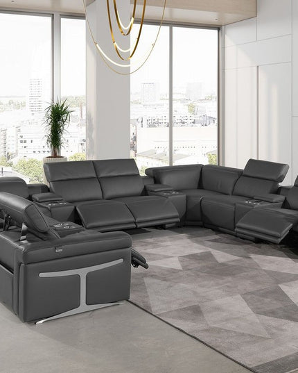 Dark Gray Italian Leather Power Reclining U Shaped Twelve Piece Sectional With Console