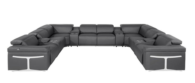 Dark Gray Italian Leather Power Reclining U Shaped Twelve Piece Sectional With Console