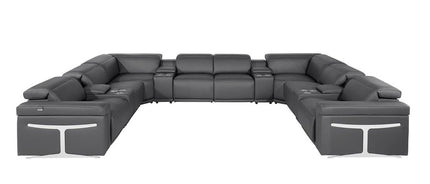 Dark Gray Italian Leather Power Reclining U Shaped Twelve Piece Sectional With Console