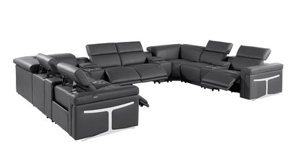 Dark Gray Italian Leather Power Reclining U Shaped Twelve Piece Sectional With Console