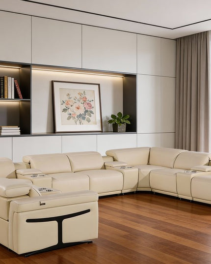 Beige Italian Leather Power Reclining U Shaped Twelve Piece Sectional With Console