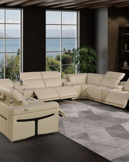 Beige Italian Leather Power Reclining U Shaped Twelve Piece Sectional With Console