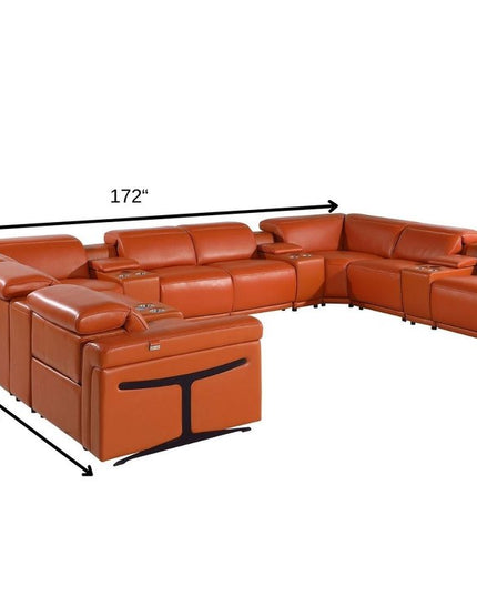 Camel Italian Leather Power Reclining U Shaped Twelve Piece Sectional With Console