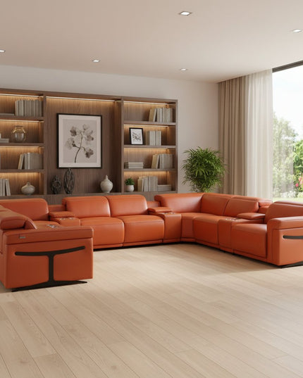 Camel Italian Leather Power Reclining U Shaped Twelve Piece Sectional With Console