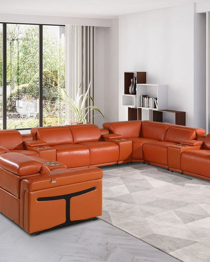 Camel Italian Leather Power Reclining U Shaped Twelve Piece Sectional With Console