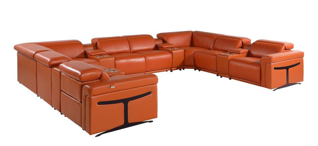 Camel Italian Leather Power Reclining U Shaped Twelve Piece Sectional With Console