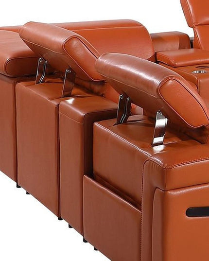 Camel Italian Leather Power Reclining U Shaped Twelve Piece Sectional With Console